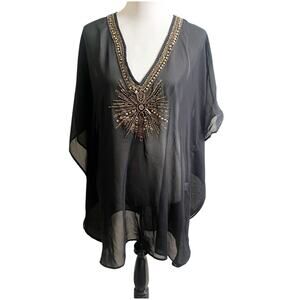 Spiaggia Dolce Studded Beaded Sheer Kimono Black Size XL Starburst Bronze Swim